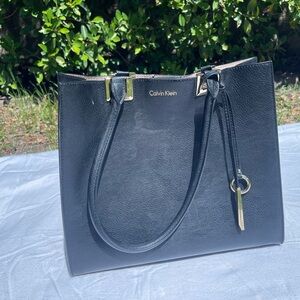 Calvin Klein Black Leather Tote Bag Gold Accents Shoulder Bag